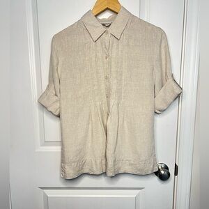 Jones New York Sports Woman Button Up 100% Linen Biege Pleated Front Sz M